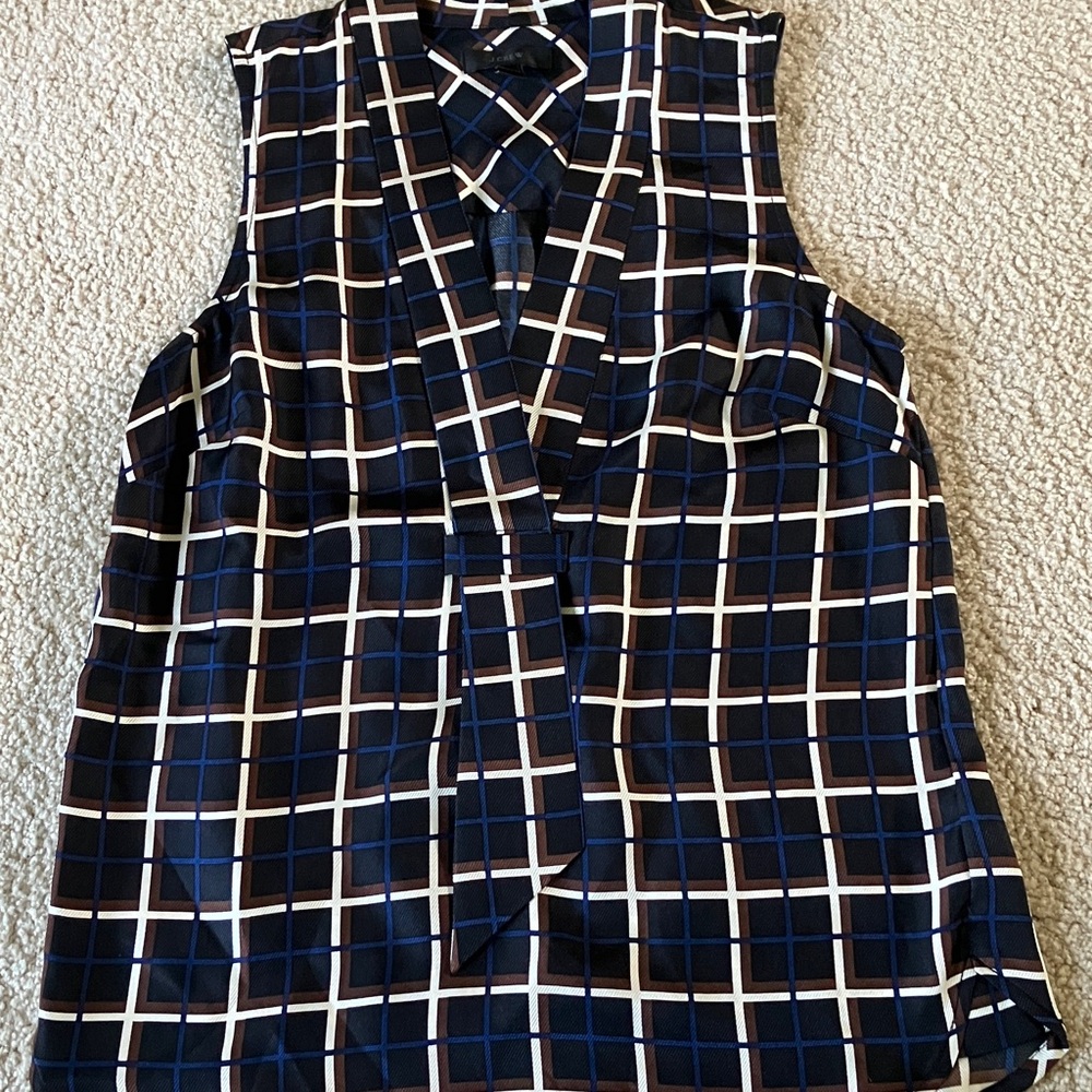 J. Crew Navy Plaid Sleeveless Tie-Neck Top